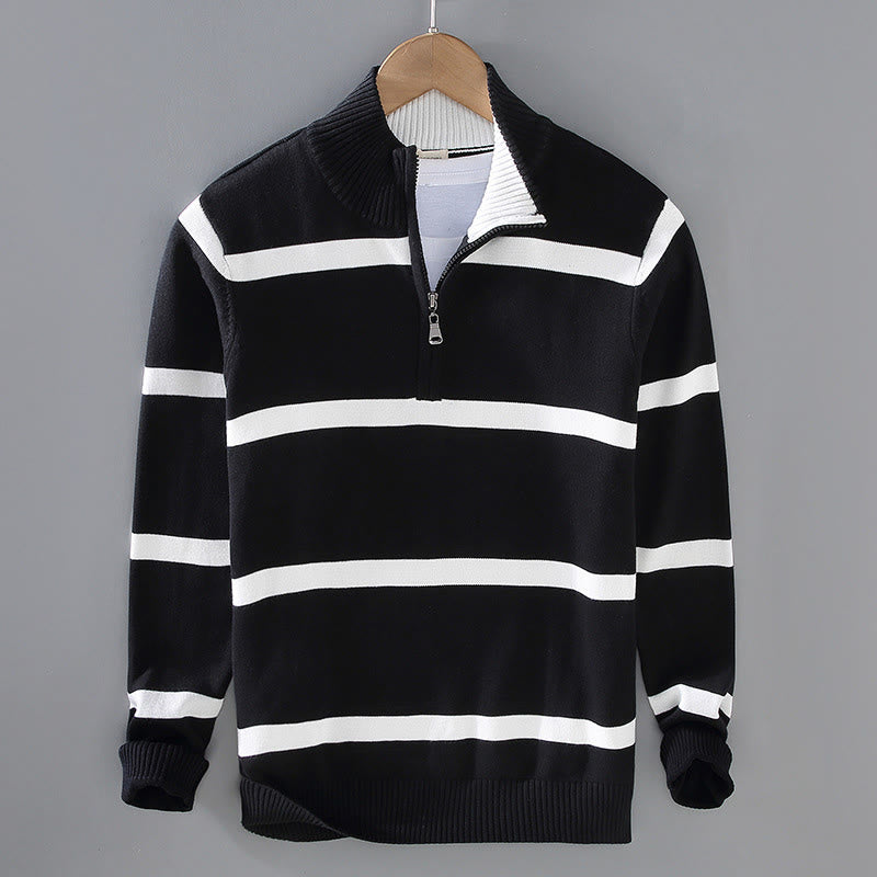 Buddha Stones Color Contrast Striped Half Zipper Design Cotton Men's Long Sleeve Sweater
