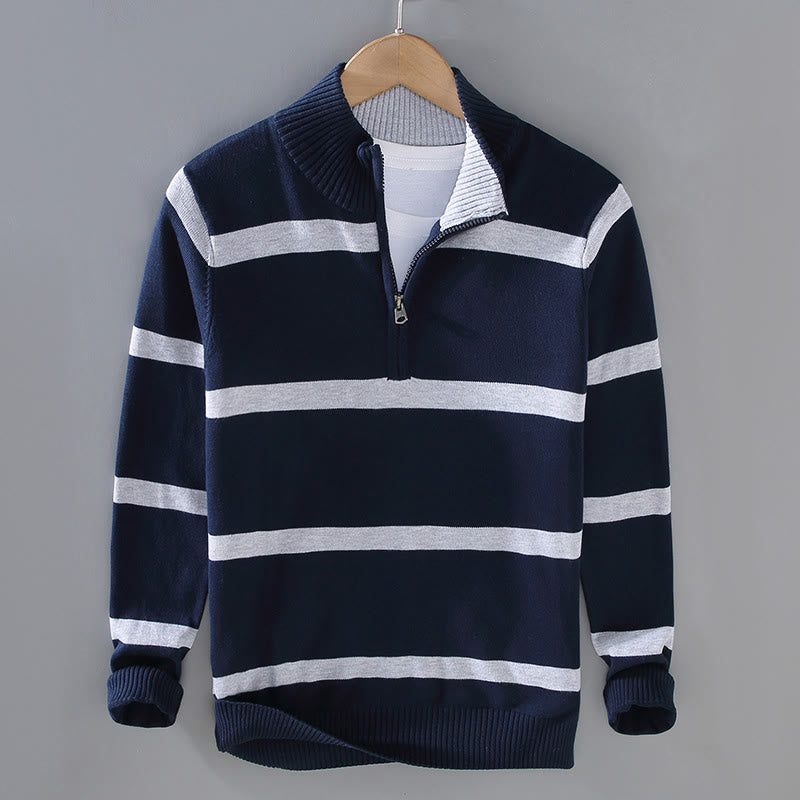 Buddha Stones Color Contrast Striped Half Zipper Design Cotton Men's Long Sleeve Sweater