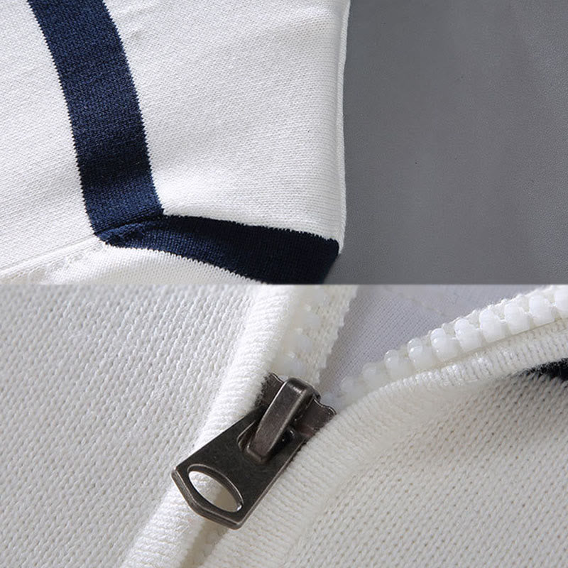 Buddha Stones Color Contrast Striped Half Zipper Design Cotton Men's Long Sleeve Sweater