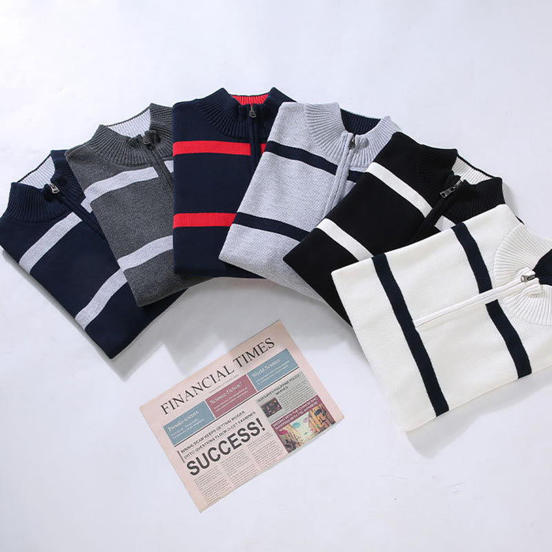 Buddha Stones Color Contrast Striped Half Zipper Design Cotton Men's Long Sleeve Sweater