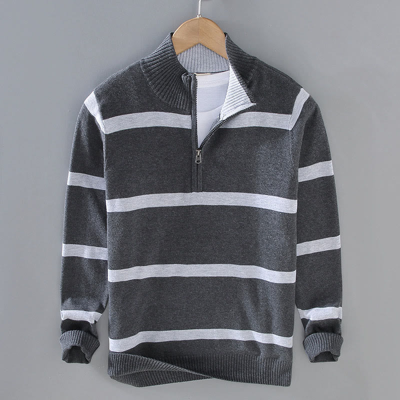 Buddha Stones Color Contrast Striped Half Zipper Design Cotton Men's Long Sleeve Sweater