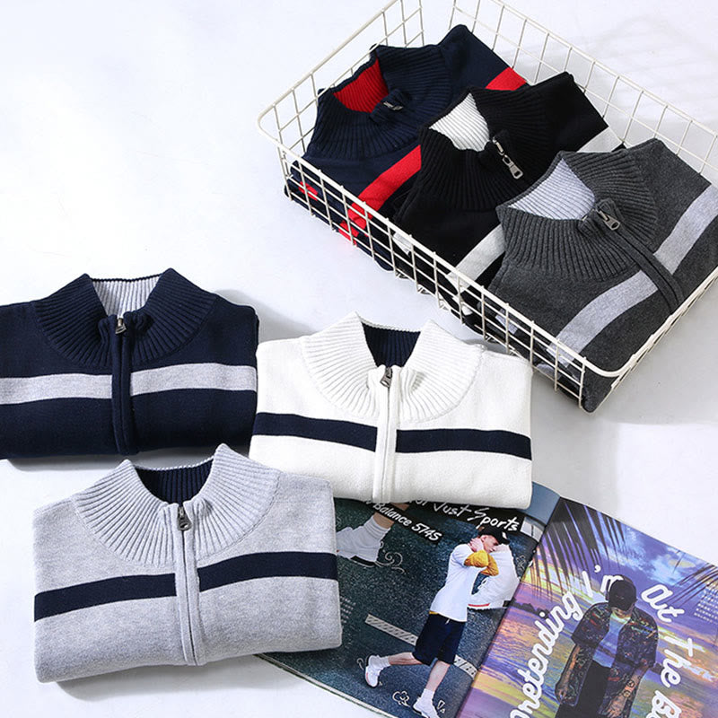 Buddha Stones Color Contrast Striped Half Zipper Design Cotton Men's Long Sleeve Sweater