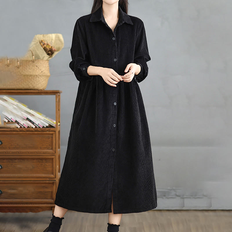 Buddha Stones Plain Buttons Long Sleeve Women's Cotton Corduroy Coat With Pockets