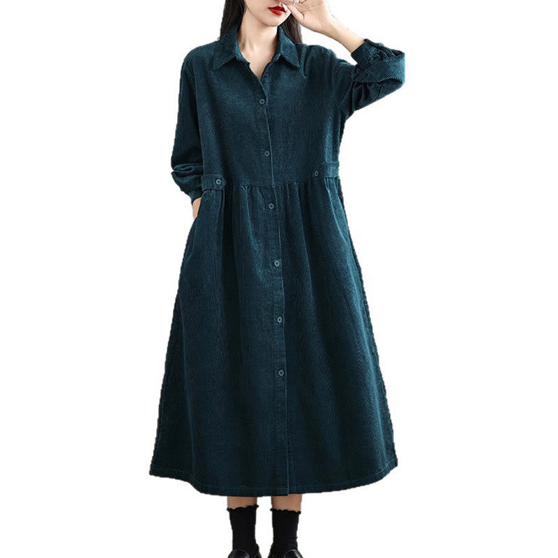 Buddha Stones Plain Buttons Long Sleeve Women's Cotton Corduroy Coat With Pockets