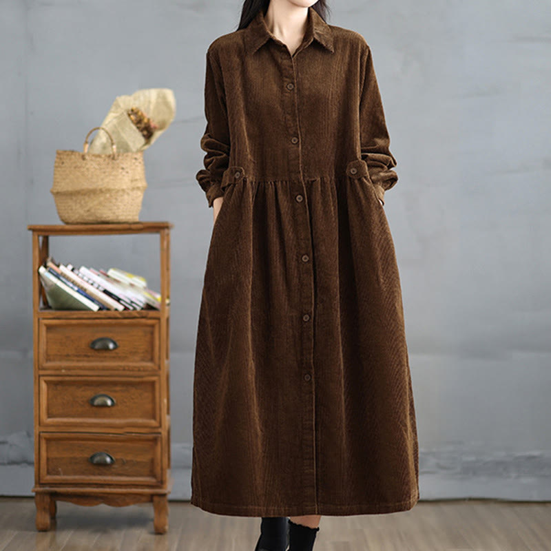 Buddha Stones Plain Buttons Long Sleeve Women's Cotton Corduroy Coat With Pockets