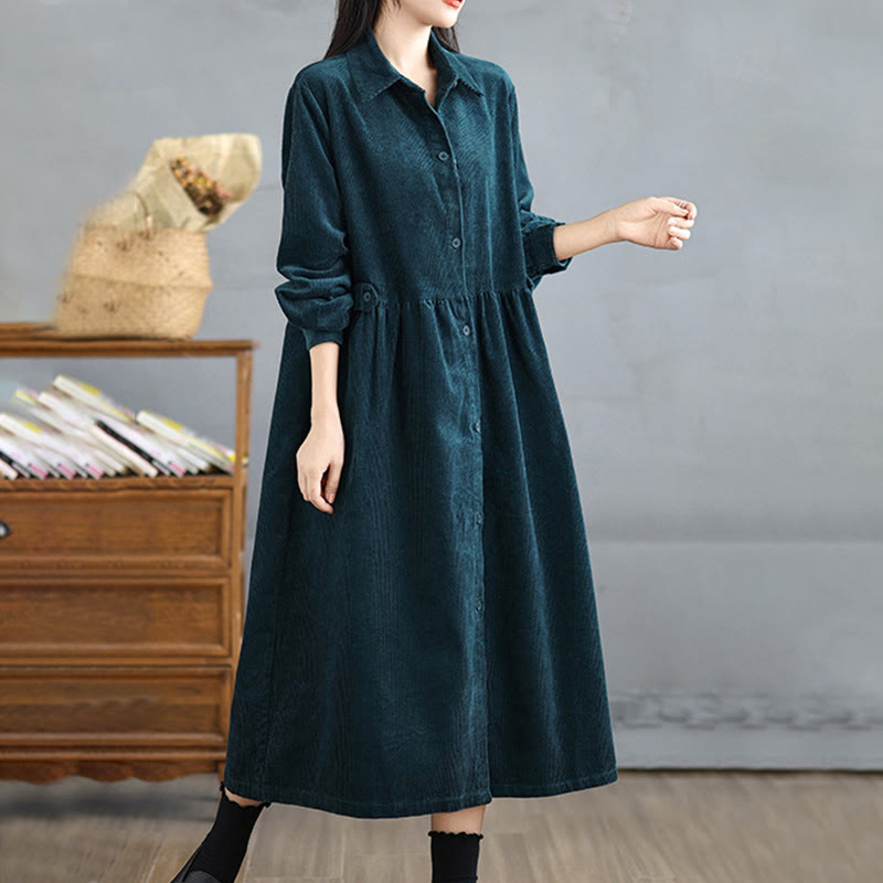 Buddha Stones Plain Buttons Long Sleeve Women's Cotton Corduroy Coat With Pockets
