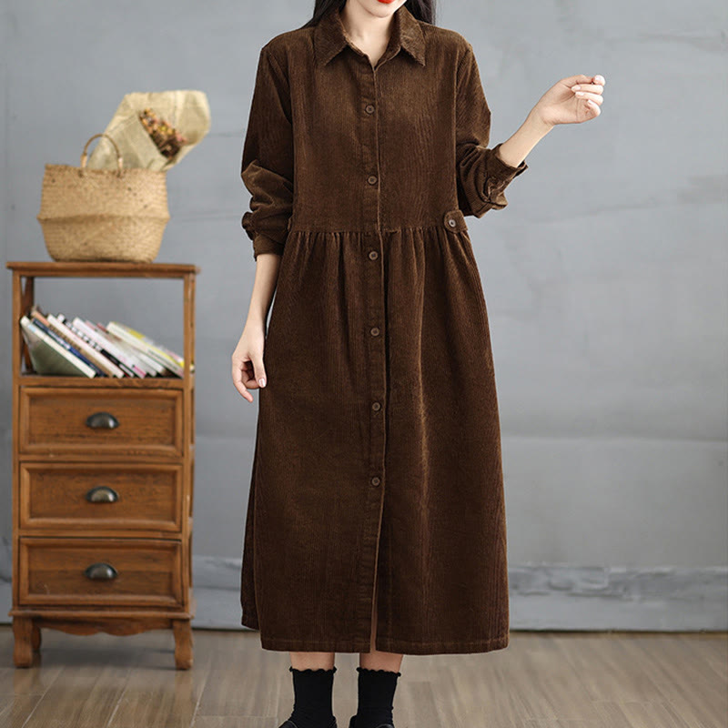 Buddha Stones Plain Buttons Long Sleeve Women's Cotton Corduroy Coat With Pockets