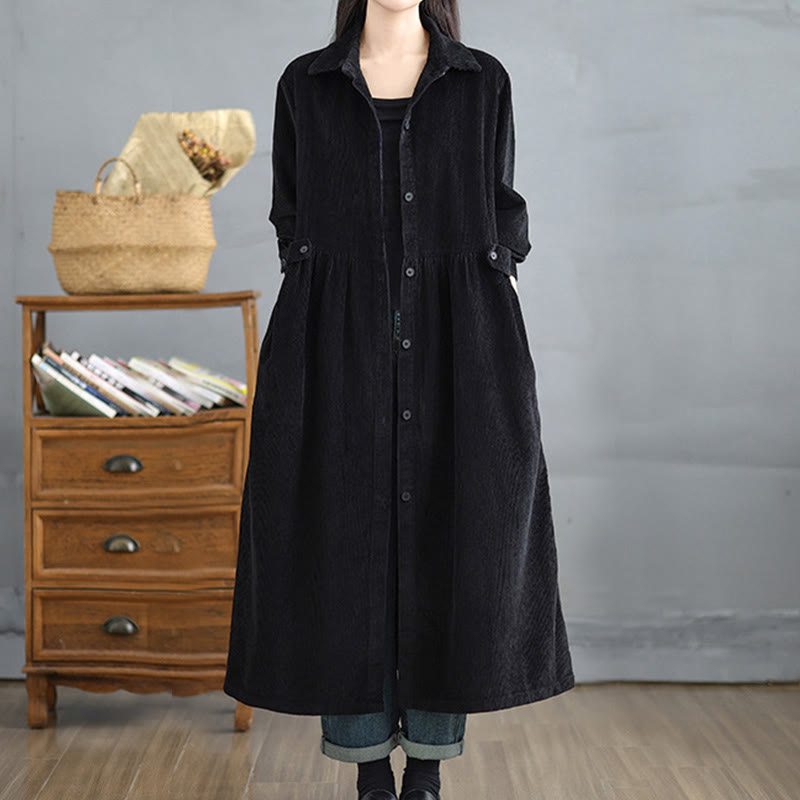 Buddha Stones Plain Buttons Long Sleeve Women's Cotton Corduroy Coat With Pockets