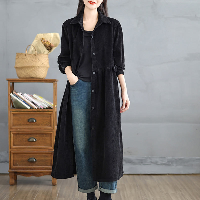 Buddha Stones Plain Buttons Long Sleeve Women's Cotton Corduroy Coat With Pockets