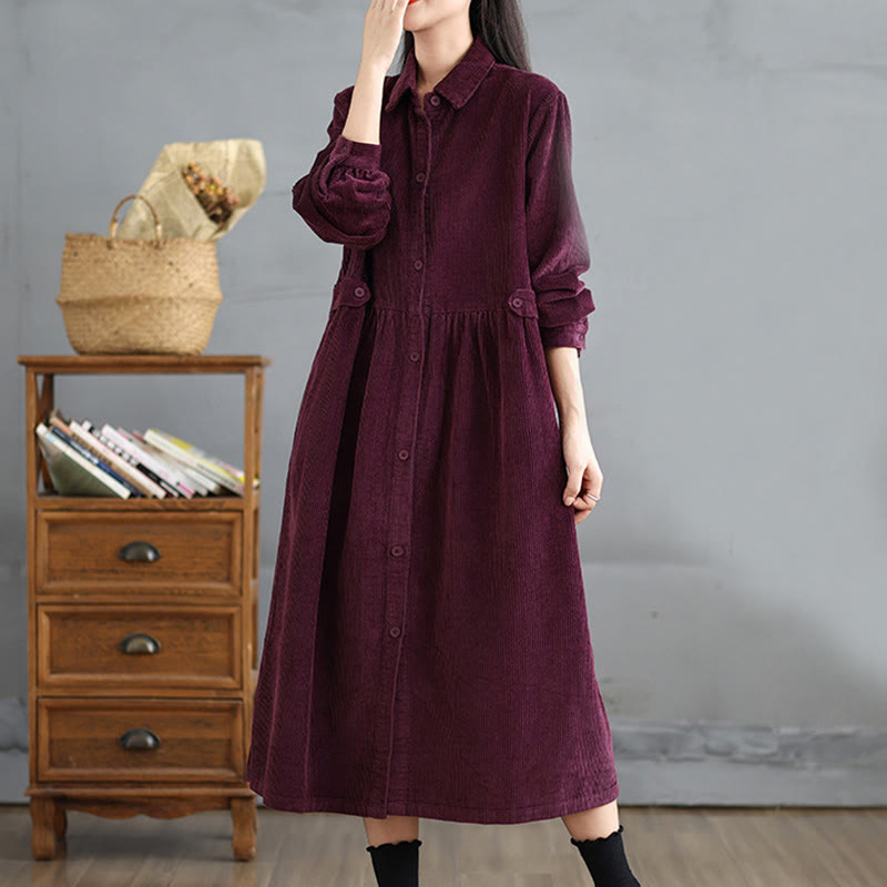 Buddha Stones Plain Buttons Long Sleeve Women's Cotton Corduroy Coat With Pockets