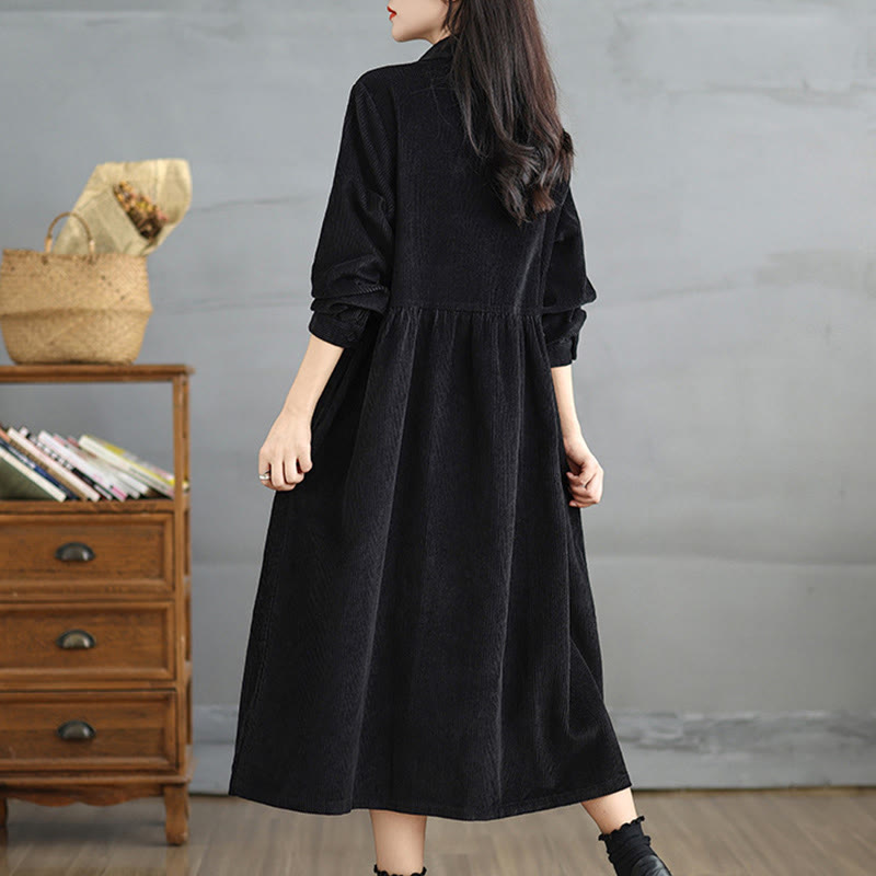 Buddha Stones Plain Buttons Long Sleeve Women's Cotton Corduroy Coat With Pockets