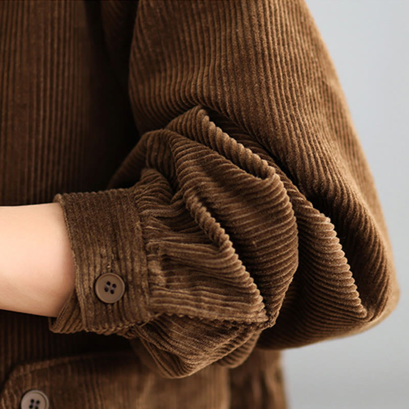 Buddha Stones Plain Buttons Long Sleeve Women's Cotton Corduroy Coat With Pockets