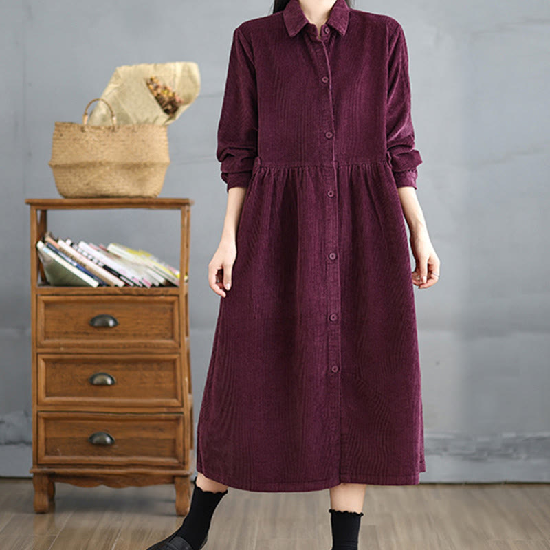Buddha Stones Plain Buttons Long Sleeve Women's Cotton Corduroy Coat With Pockets