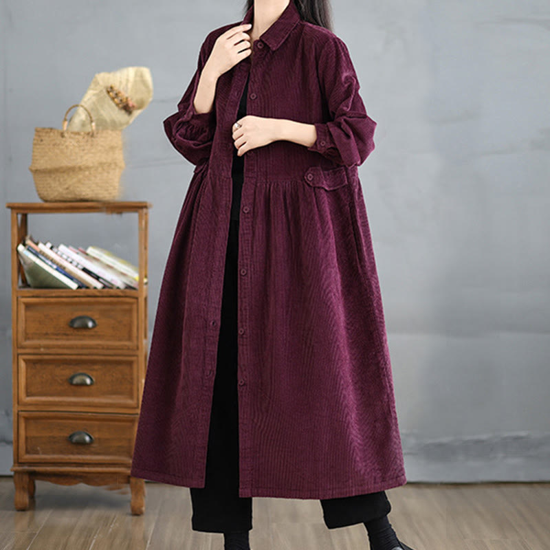 Buddha Stones Plain Buttons Long Sleeve Women's Cotton Corduroy Coat With Pockets