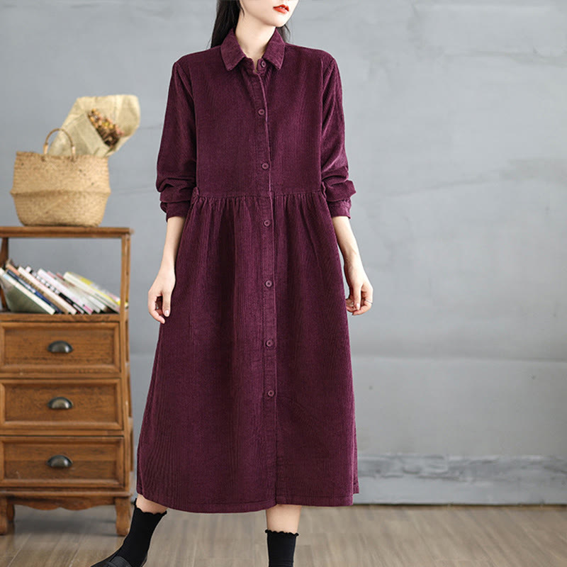 Buddha Stones Plain Buttons Long Sleeve Women's Cotton Corduroy Coat With Pockets