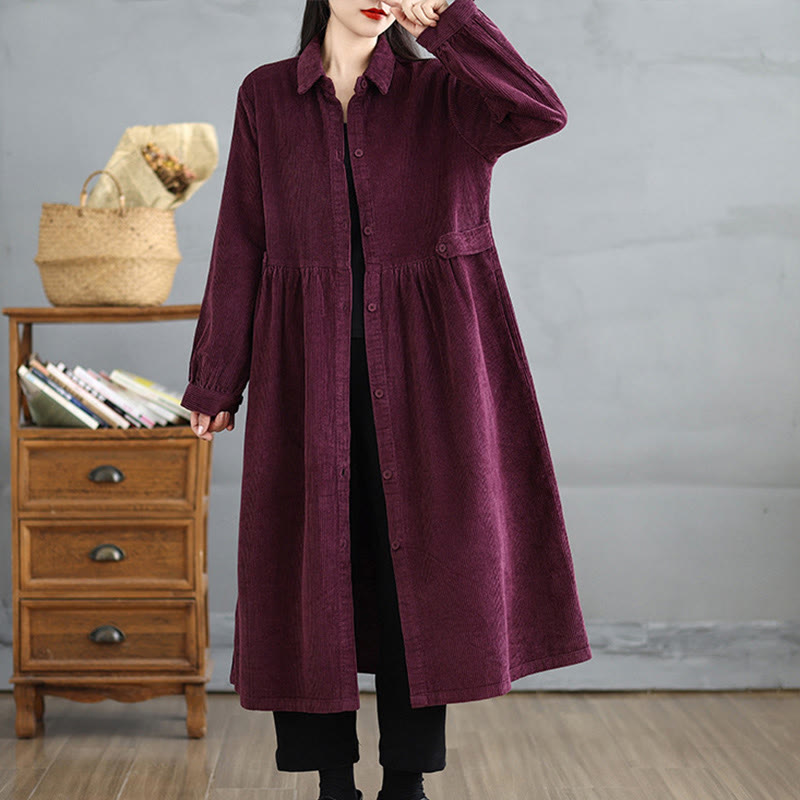 Buddha Stones Plain Buttons Long Sleeve Women's Cotton Corduroy Coat With Pockets