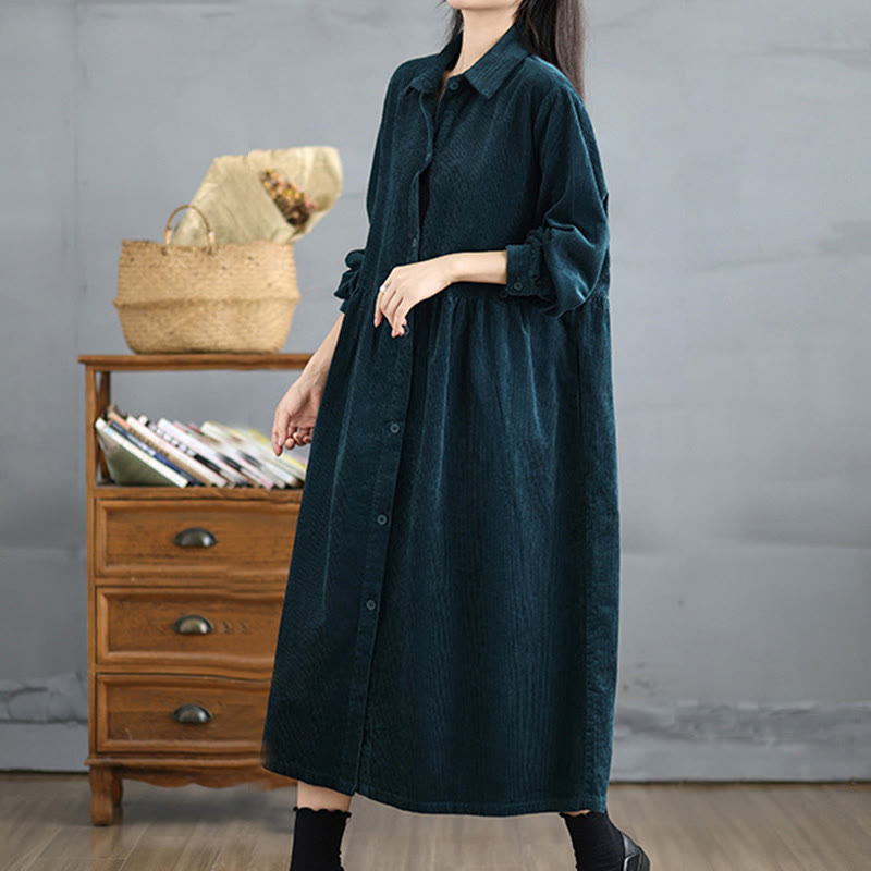 Buddha Stones Plain Buttons Long Sleeve Women's Cotton Corduroy Coat With Pockets