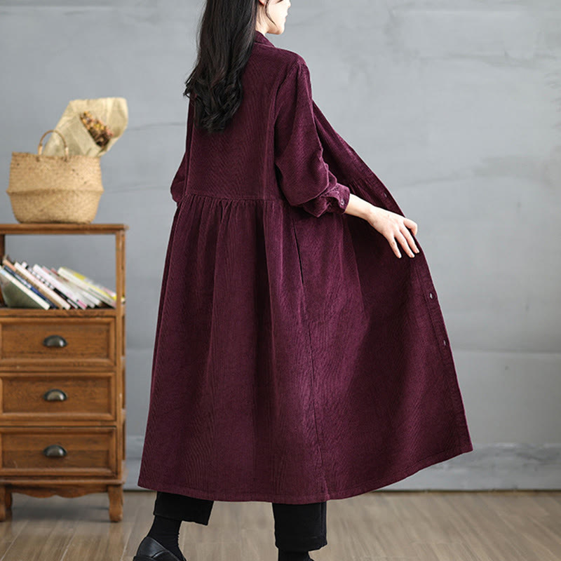 Buddha Stones Plain Buttons Long Sleeve Women's Cotton Corduroy Coat With Pockets