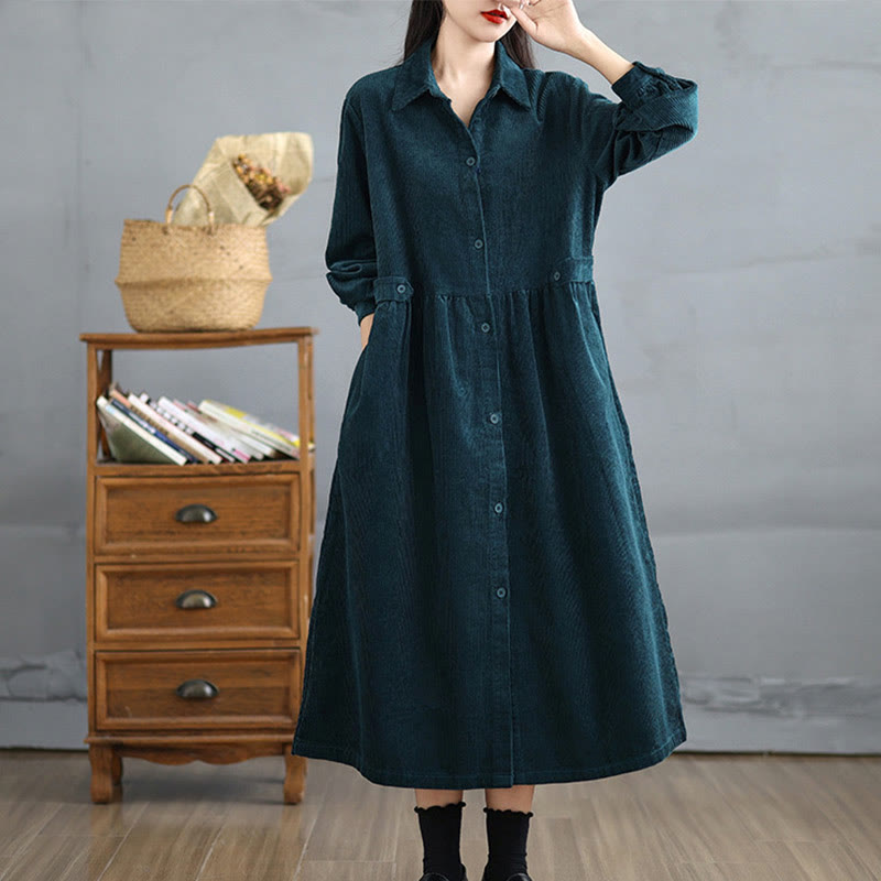 Buddha Stones Plain Buttons Long Sleeve Women's Cotton Corduroy Coat With Pockets