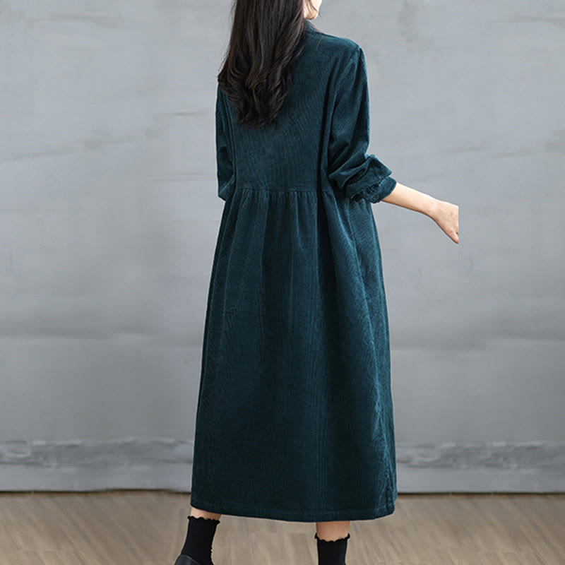 Buddha Stones Plain Buttons Long Sleeve Women's Cotton Corduroy Coat With Pockets