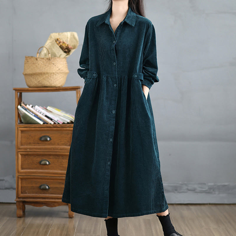 Buddha Stones Plain Buttons Long Sleeve Women's Cotton Corduroy Coat With Pockets
