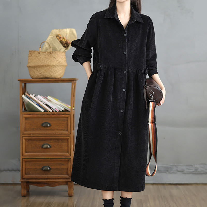 Buddha Stones Plain Buttons Long Sleeve Women's Cotton Corduroy Coat With Pockets