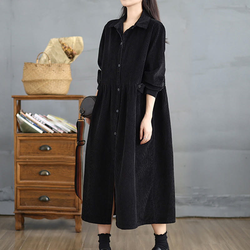 Buddha Stones Plain Buttons Long Sleeve Women's Cotton Corduroy Coat With Pockets