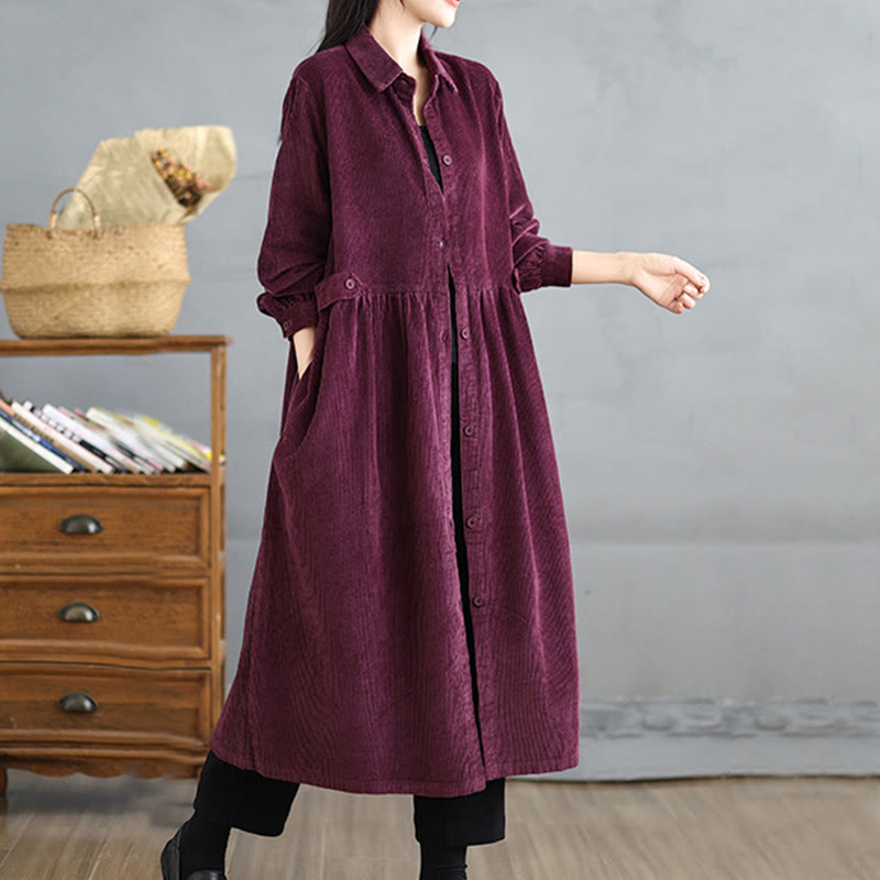 Buddha Stones Plain Buttons Long Sleeve Women's Cotton Corduroy Coat With Pockets