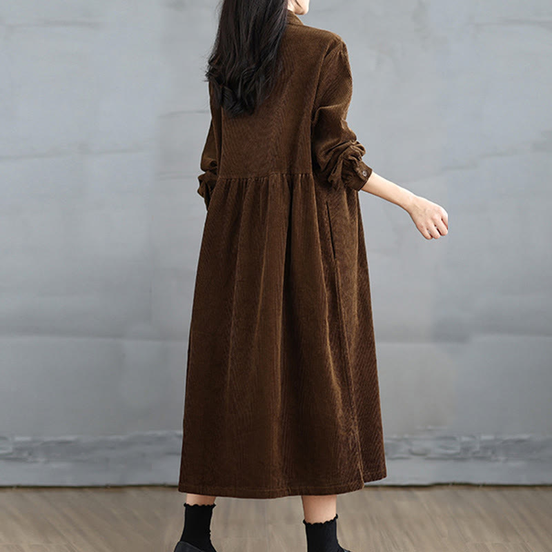 Buddha Stones Plain Buttons Long Sleeve Women's Cotton Corduroy Coat With Pockets