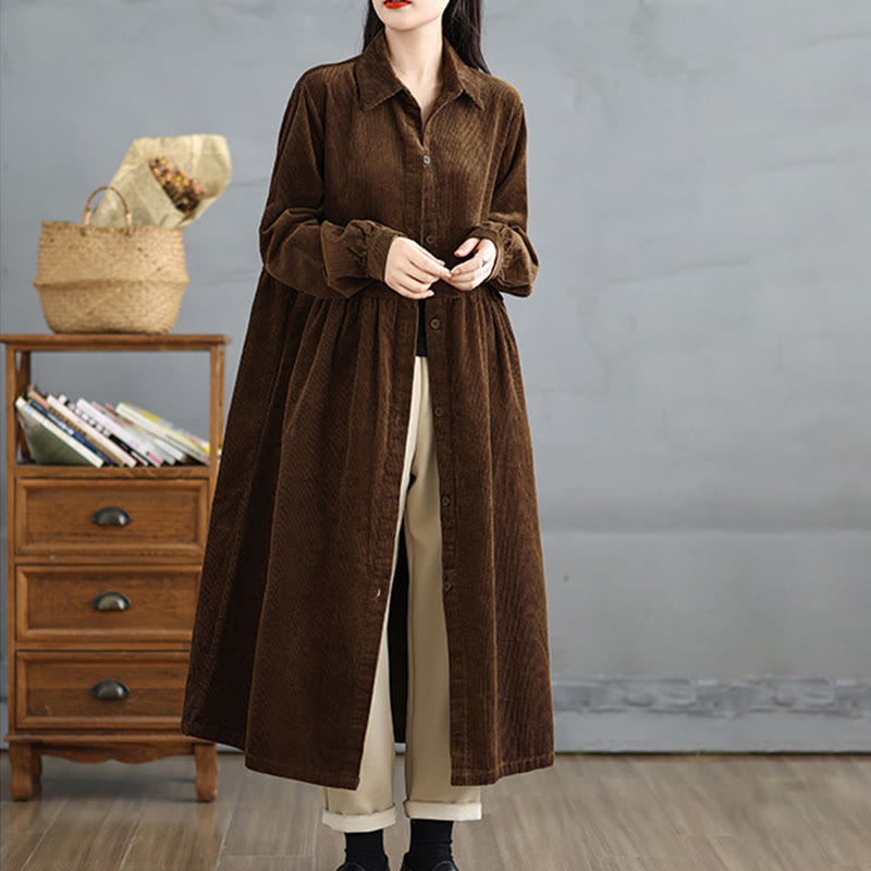 Buddha Stones Plain Buttons Long Sleeve Women's Cotton Corduroy Coat With Pockets