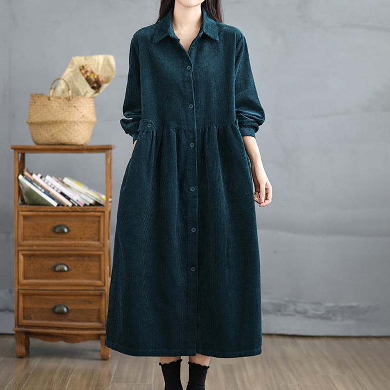 Buddha Stones Plain Buttons Long Sleeve Women's Cotton Corduroy Coat With Pockets