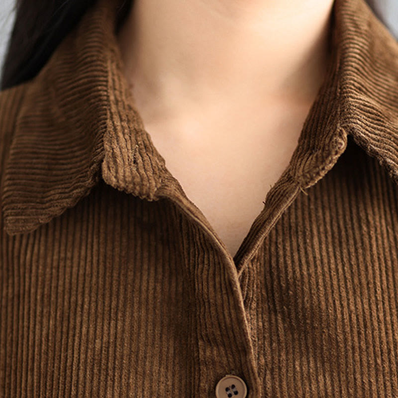 Buddha Stones Plain Buttons Long Sleeve Women's Cotton Corduroy Coat With Pockets