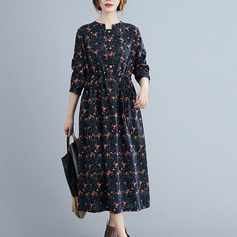 Buddha Stones Commute Floral Drawstring Women's Long Sleeve Cotton Midi Dress With Pockets