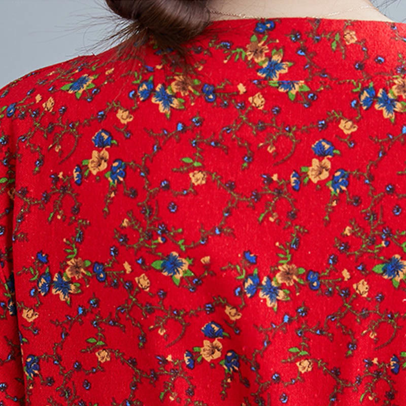 Buddha Stones Commute Floral Drawstring Women's Long Sleeve Cotton Midi Dress With Pockets