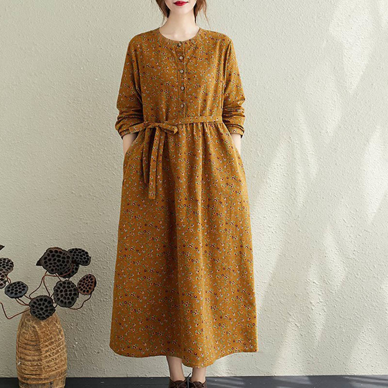 Buddha Stones Commute Floral Drawstring Women's Long Sleeve Cotton Midi Dress With Pockets