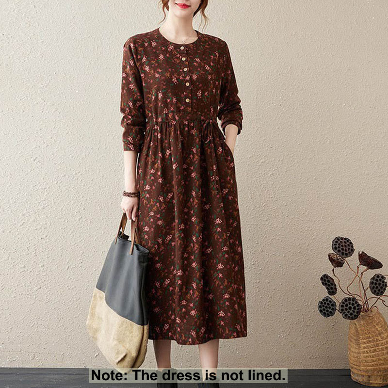 Buddha Stones Commute Floral Drawstring Women's Long Sleeve Cotton Midi Dress With Pockets