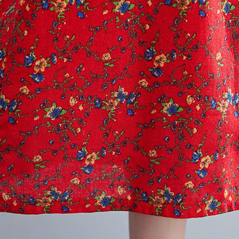 Buddha Stones Commute Floral Drawstring Women's Long Sleeve Cotton Midi Dress With Pockets