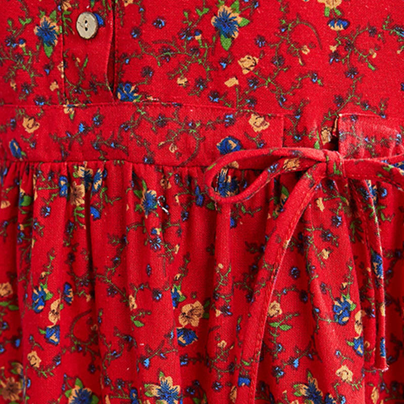Buddha Stones Commute Floral Drawstring Women's Long Sleeve Cotton Midi Dress With Pockets