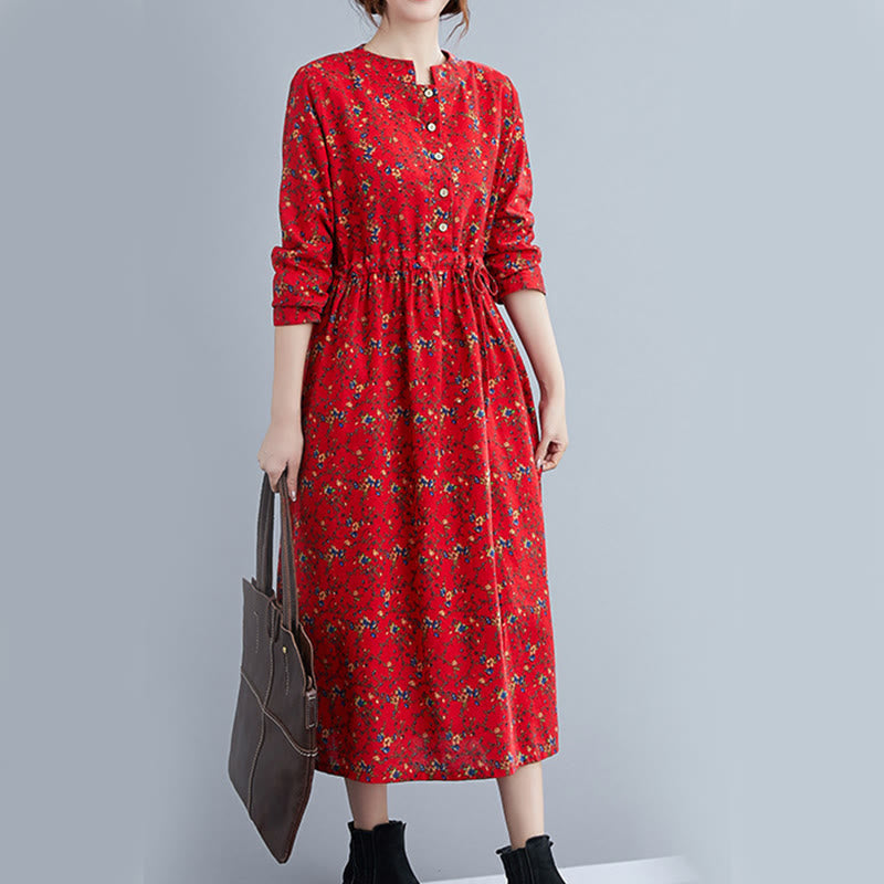 Buddha Stones Commute Floral Drawstring Women's Long Sleeve Cotton Midi Dress With Pockets