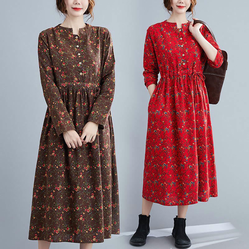 Buddha Stones Commute Floral Drawstring Women's Long Sleeve Cotton Midi Dress With Pockets