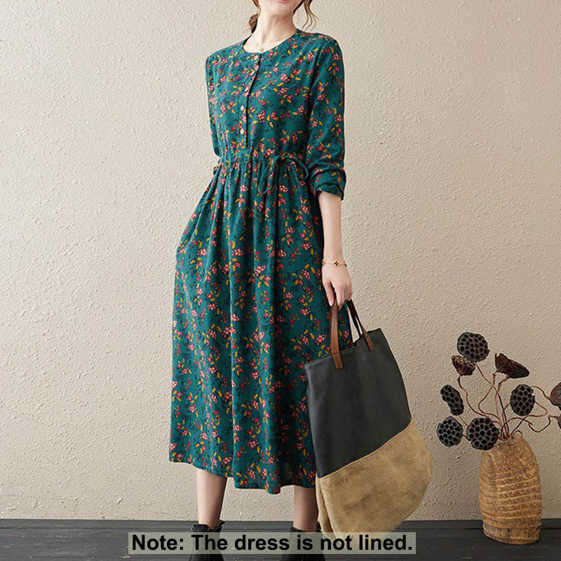 Buddha Stones Commute Floral Drawstring Women's Long Sleeve Cotton Midi Dress With Pockets