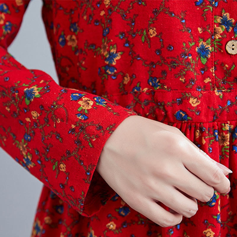 Buddha Stones Commute Floral Drawstring Women's Long Sleeve Cotton Midi Dress With Pockets