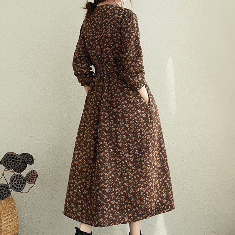 Buddha Stones Commute Floral Drawstring Women's Long Sleeve Cotton Midi Dress With Pockets