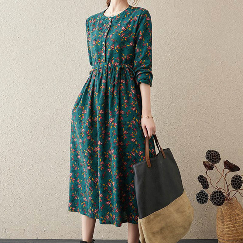 Buddha Stones Commute Floral Drawstring Women's Long Sleeve Cotton Midi Dress With Pockets