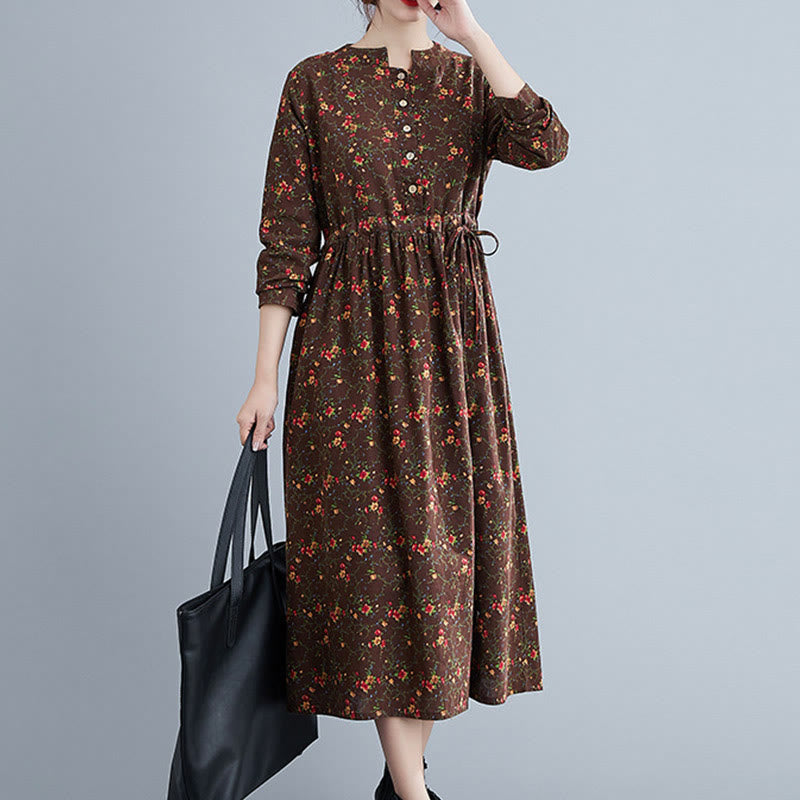 Buddha Stones Commute Floral Drawstring Women's Long Sleeve Cotton Midi Dress With Pockets
