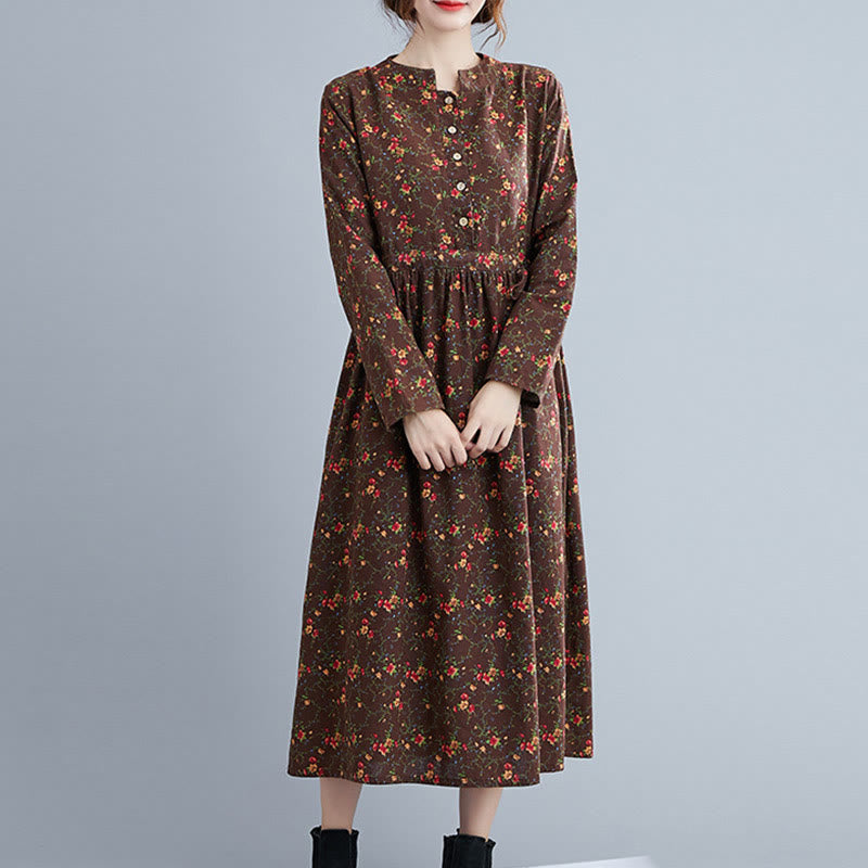Buddha Stones Commute Floral Drawstring Women's Long Sleeve Cotton Midi Dress With Pockets
