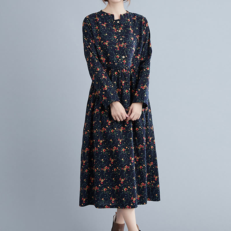 Buddha Stones Commute Floral Drawstring Women's Long Sleeve Cotton Midi Dress With Pockets