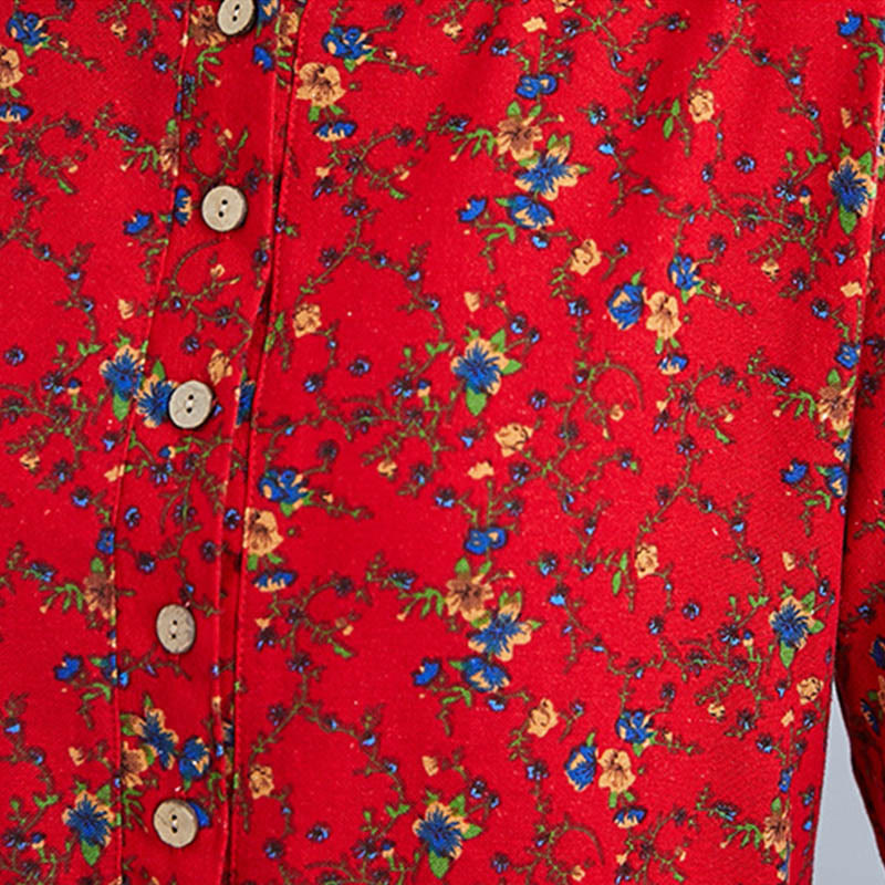 Buddha Stones Commute Floral Drawstring Women's Long Sleeve Cotton Midi Dress With Pockets