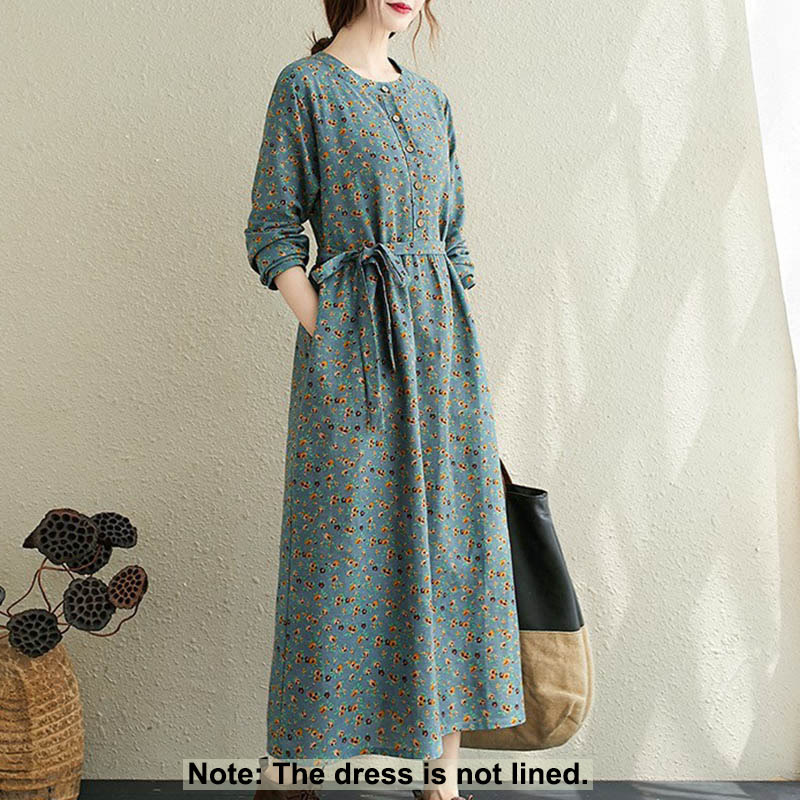 Buddha Stones Commute Floral Drawstring Women's Long Sleeve Cotton Midi Dress With Pockets