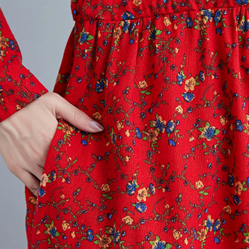 Buddha Stones Commute Floral Drawstring Women's Long Sleeve Cotton Midi Dress With Pockets